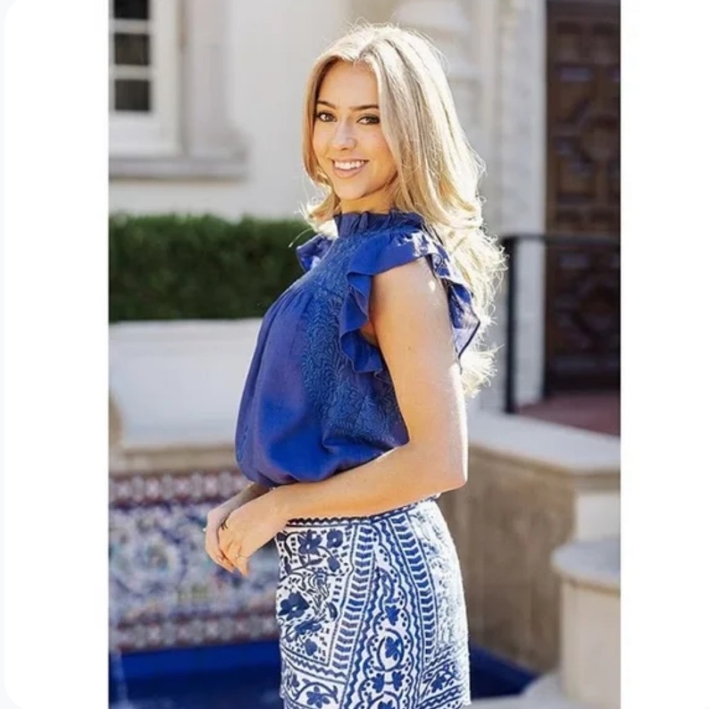 J. Marie Woven Embroidered Ruffled Cap Sleeve Top Size L In Cobalt Blue - Picture 11 of 12